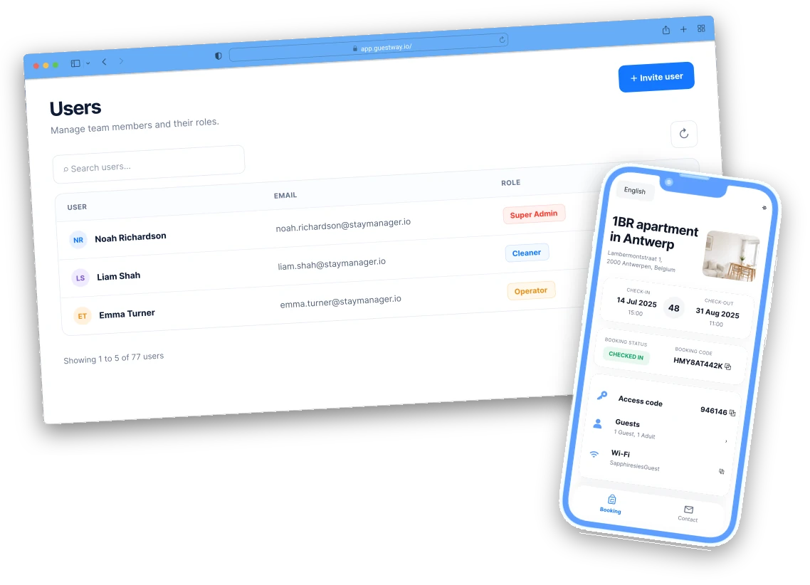 Guestway on desktop and mobile: inbox, arrivals and cleaning tasks in sync